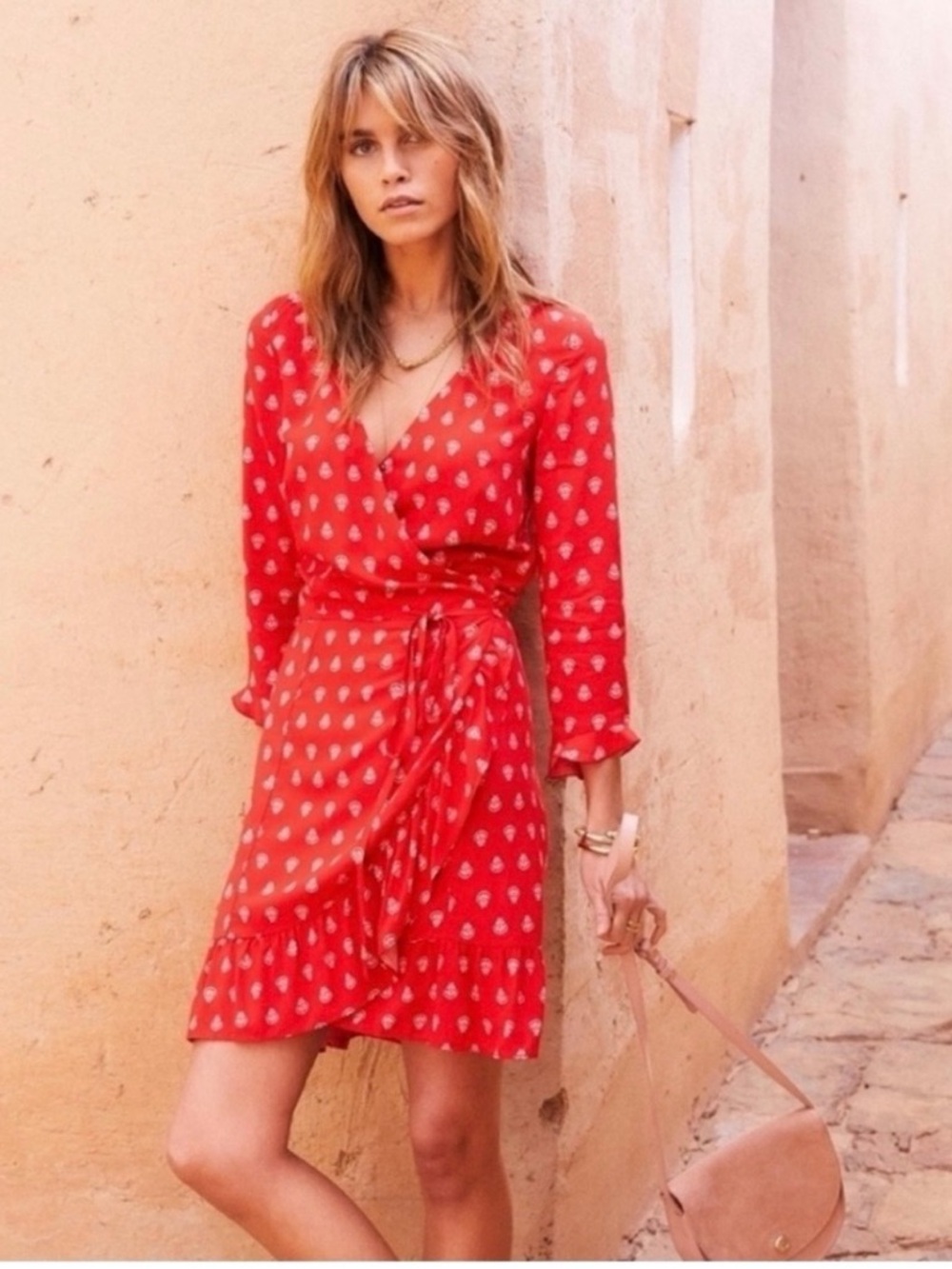 Sezane Elena Red Printed Wrap Dress with Ruffle Accent s 36